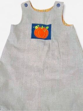 Mulberry St. blue & orange pumpkin dress with button straps and plaid lining